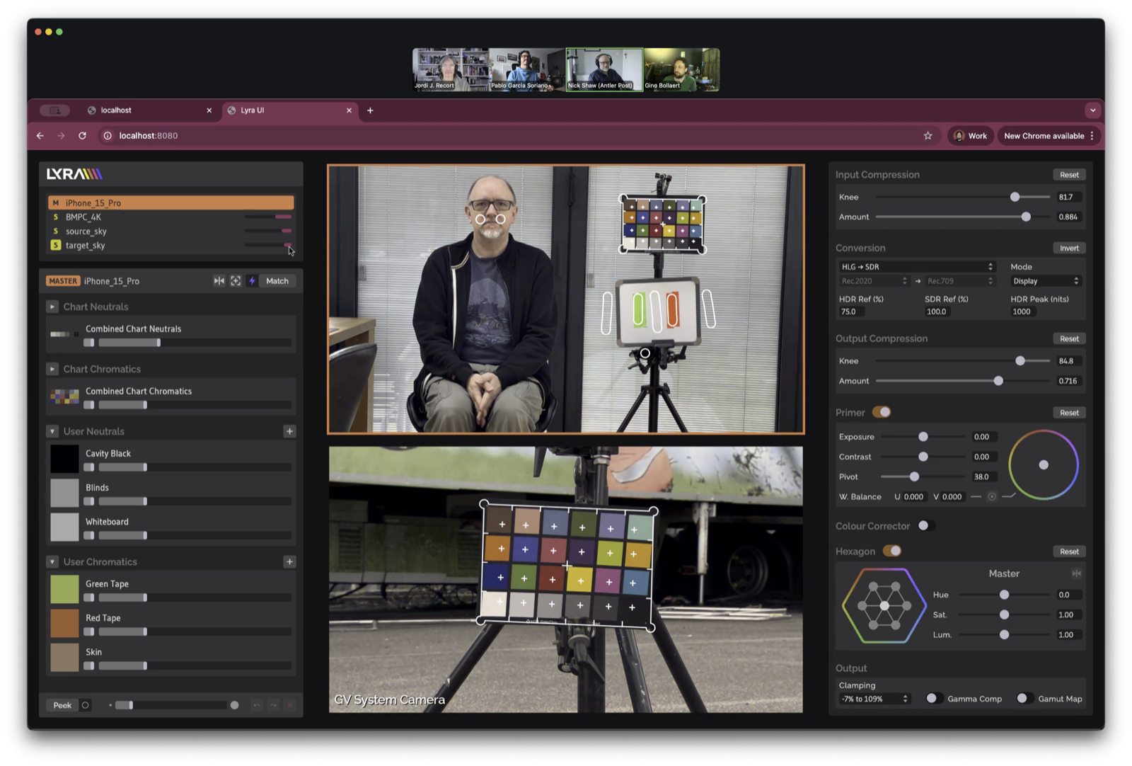 Lyra matching a broadcast camera and an iPhone to a master look using colour charts